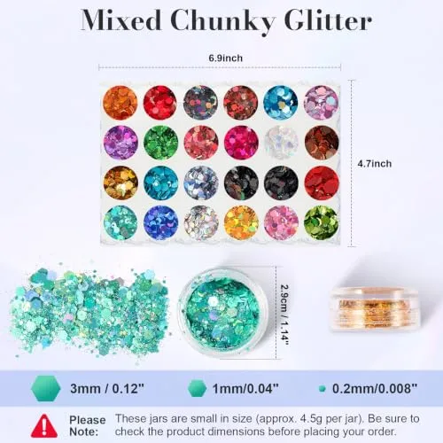 24 Jars Holographic Chunky Mixed Color Craft Glitter