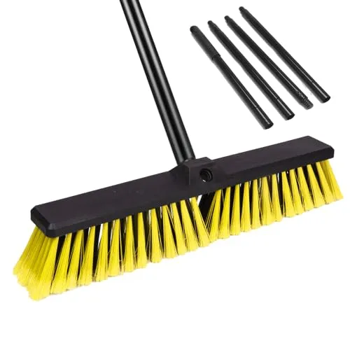 18" Heavy Duty Push Broom - 61" Adjustable 4-Section Metal Handle Stiff Flagged Hard Bristles Indoor Outdoor Floor Broom for Garage Patio Concrete Deck Shop Warehouse (Yellow, 18inches Wide)