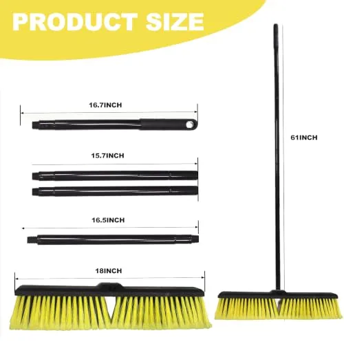 18" Heavy Duty Push Broom - 61" Adjustable 4-Section Metal Handle Stiff Flagged Hard Bristles Indoor Outdoor Floor Broom for Garage Patio Concrete Deck Shop Warehouse (Yellow, 18inches Wide)