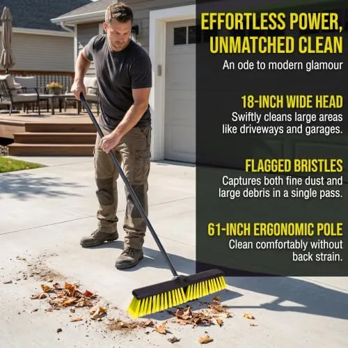 18" Heavy Duty Push Broom - 61" Adjustable 4-Section Metal Handle Stiff Flagged Hard Bristles Indoor Outdoor Floor Broom for Garage Patio Concrete Deck Shop Warehouse (Yellow, 18inches Wide)