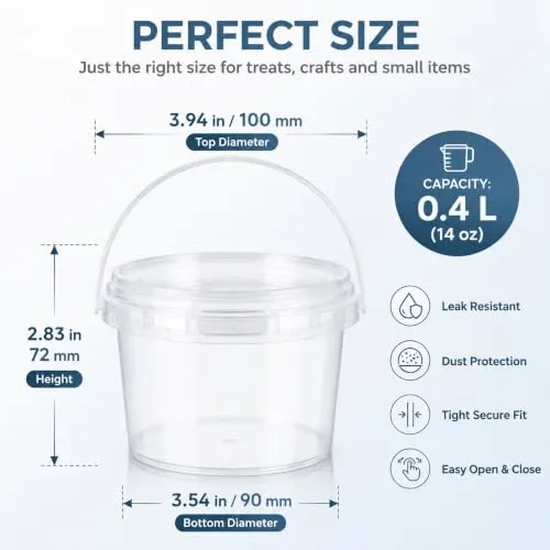 Maxcheck 50 Pcs Plastic Bucket with Lids and Handles Bulk, 14oz, Clear