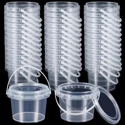 Maxcheck 50 Pcs Plastic Bucket with Lids and Handles Bulk, 14oz, Clear