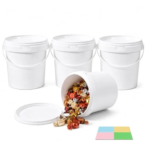 4 Pack 68 oz White Plastic Buckets with Lids and Handles, 2 Quart Food Storage Pails for Ice, Snacks, Paint and Crafts