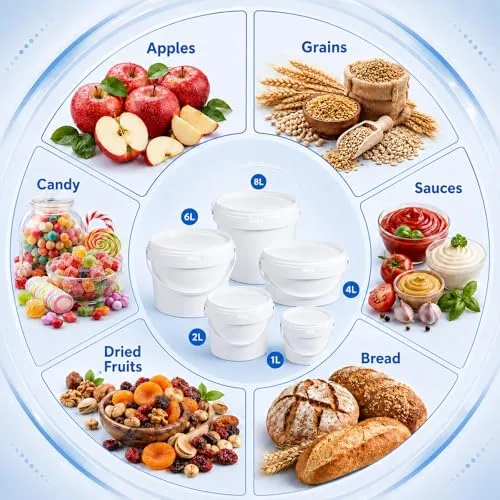 4 Pack 68 oz White Plastic Buckets with Lids and Handles, 2 Quart Food Storage Pails for Ice, Snacks, Paint and Crafts