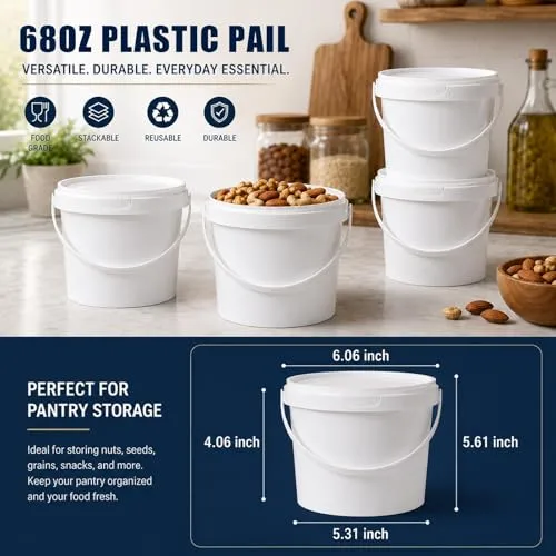 4 Pack 68 oz White Plastic Buckets with Lids and Handles, 2 Quart Food Storage Pails for Ice, Snacks, Paint and Crafts