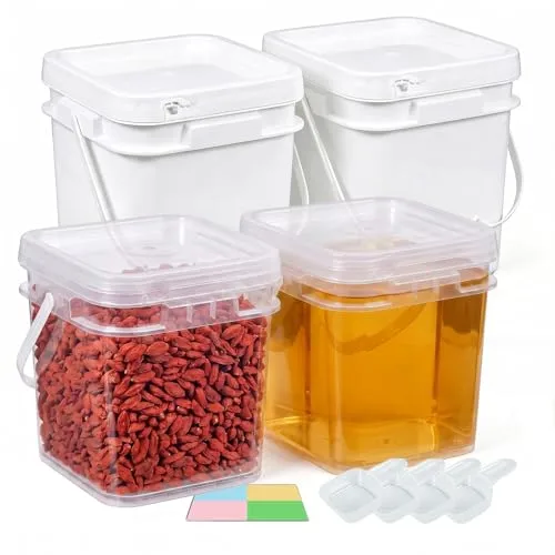 DEMORA 1.3Gallon Food Grade Square Plastic Bucket with Lid, Clear Airtight Storage Container, Reusable Pail for Kitchen Food Water Ice Cream Household Use 4Pcs (2 White+2 Transparent)