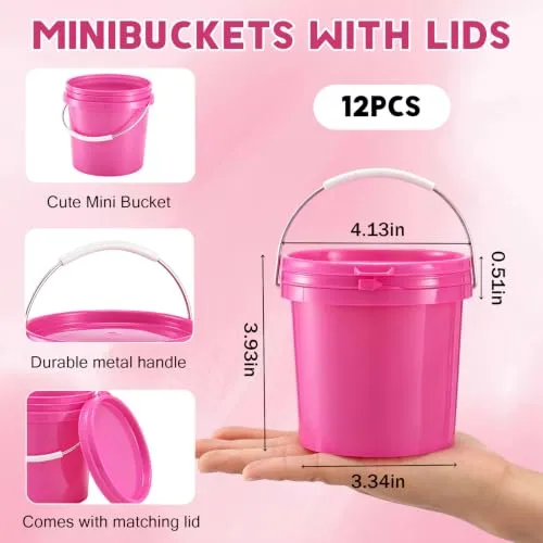 12 Pack 16.9 oz Mini Plastic Buckets, Small Plastic Candy Bucket, Metal Handle, Thickened Plastic, Heavy-Duty, for Party Favors, Candy, Popcorn, and Event Supplies