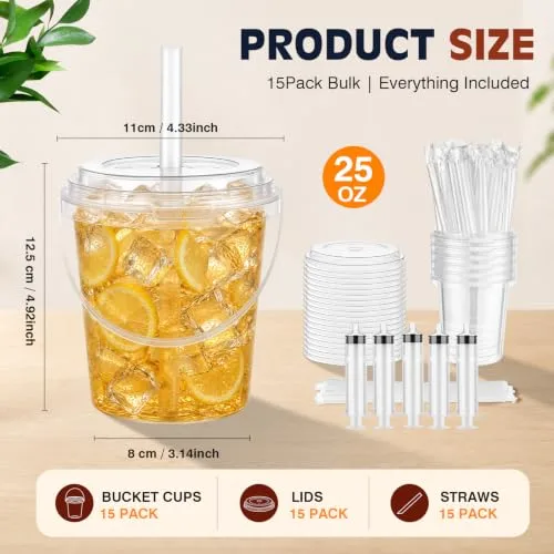 25oz Drink Buckets with Lids and Straws 15Pack Plastic Bucket