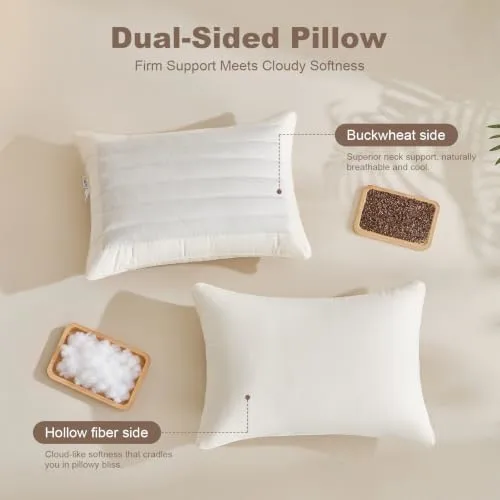 MIOTO 20"x26" Oranic Buckwheat Pillow with Baffle Box - Dual-Sided Firmness & Ergonomic Zoned Pillow, Organic Cotton Pillowcase, Neck Support Pillow for Back and Side Sleepers
