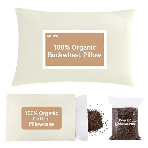 MIOTO Organic Buckwheat Pillow for Sleeping with Dual-Layer Pillowcase and Extra Tartary Buckwheat Hulls, Adjust Height and Firmness, Neck Support Pillow for Back and Side Sleepers(16"x22", Off White)