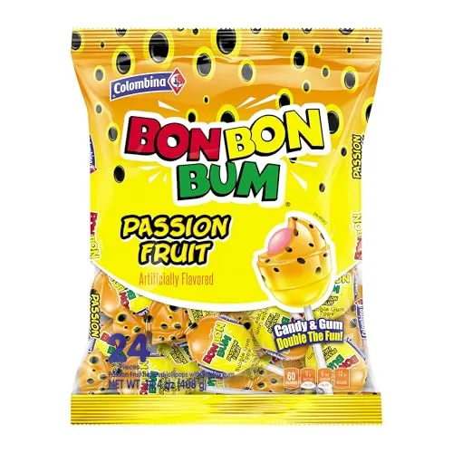 Colombina Bon Bon Bum Passion Fruit Lollipops, Tropical Fruit Hard Candy, Individually Wrapped Candy Pops for Parties, Candy Bowl Refill, Office or Classroom Rewards, 24 Count