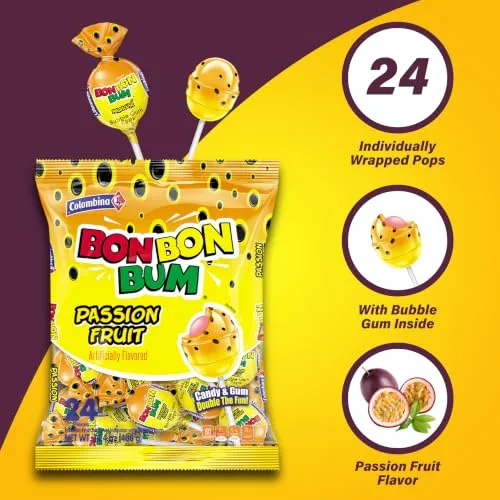 Colombina Bon Bon Bum Passion Fruit Lollipops, Tropical Fruit Hard Candy, Individually Wrapped Candy Pops for Parties, Candy Bowl Refill, Office or Classroom Rewards, 24 Count