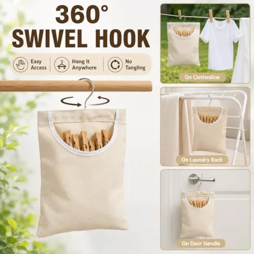Laundry Clothespin Bag, 12.5 x 10.5 Inch Large Canvas Hanging Storage Organizer Clothes Pin Hanging Bag with Metal Hook, Durable Clothes Pin Holder for Clothesline with Extra Wide Opening, White