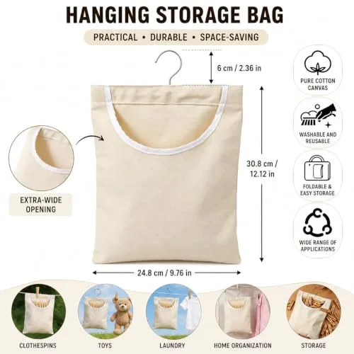 Laundry Clothespin Bag, 12.5 x 10.5 Inch Large Canvas Hanging Storage Organizer Clothes Pin Hanging Bag with Metal Hook, Durable Clothes Pin Holder for Clothesline with Extra Wide Opening, White