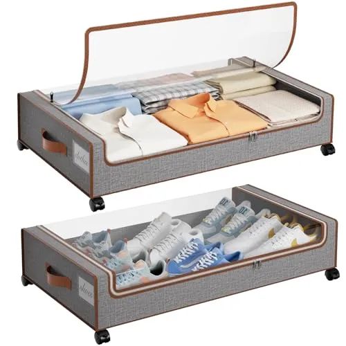 Yecaye 60L Under Bed Storage with Wheels, 2 Pack, Greige