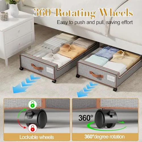 Yecaye 60L Under Bed Storage with Wheels, 2 Pack, Greige