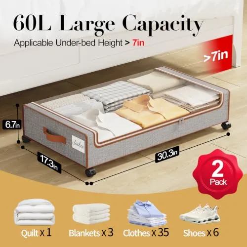 Yecaye 60L Under Bed Storage with Wheels, 2 Pack, Greige