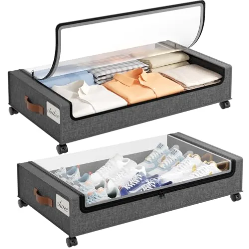 Yecaye 60L Under Bed Storage with Wheels, 2 Pack, Hemp Grey