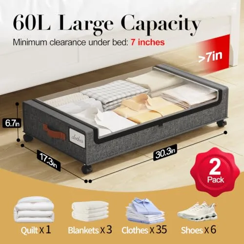 Yecaye 60L Under Bed Storage with Wheels, 2 Pack, Hemp Grey