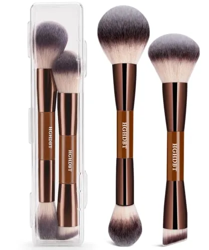 HGHDBT Brown Double-Ended Foundation Makeup Brushes Set Professional with Case 2Pcs Premium Makeup Brush for Flawless Blending of Liquid Cream Powder Blush Face Make up Brush Tools Kit
