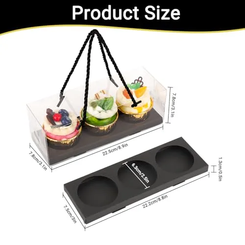 EUSOAR Cupcake Boxes, 20 Pcs 9"x3"x3" Black Clear Plastic Cupcake Containers Box 3 Compartments, Rectangular Portable Dessert Pastry Holder Cookies Wrappers for Birthday Wedding Party Favor Bakery
