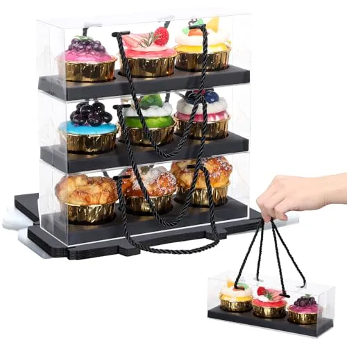 EUSOAR Cupcake Boxes, 20 Pcs 9"x3"x3" Black Clear Plastic Cupcake Containers Box 3 Compartments, Rectangular Portable Dessert Pastry Holder Cookies Wrappers for Birthday Wedding Party Favor Bakery
