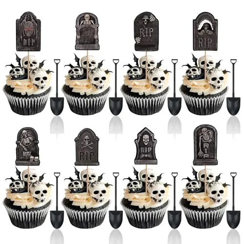 48 Pcs Halloween Cupcake Toppers - Tombstones Graveyard Cake Topper, Halloween Cake Decorations with Mini Shovel Spoons, 8 Designs Helloween Cupcake Picks for Kids Birthday Helloween Party Decorations