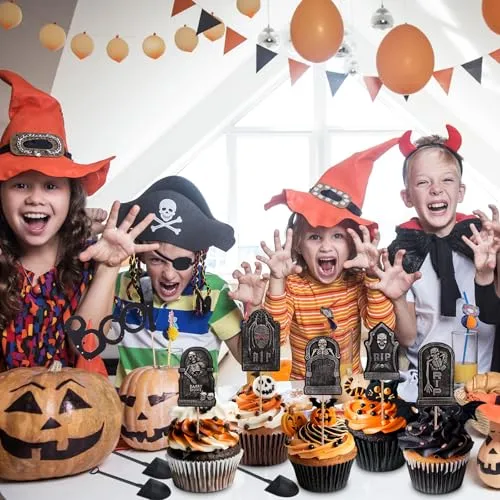 48 Pcs Halloween Cupcake Toppers - Tombstones Graveyard Cake Topper, Halloween Cake Decorations with Mini Shovel Spoons, 8 Designs Helloween Cupcake Picks for Kids Birthday Helloween Party Decorations
