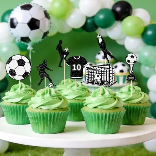 40Pcs Soccer Cupcake Toppers Black Glitter Soccer Player Goal Jersey Trophy Cupcake Picks Sports Themed Cake Decorations for Boys Men Birthday Party Baby Shower Sports Event Party Supplies