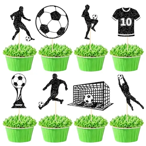 40Pcs Soccer Cupcake Toppers Black Glitter Soccer Player Goal Jersey Trophy Cupcake Picks Sports Themed Cake Decorations for Boys Men Birthday Party Baby Shower Sports Event Party Supplies