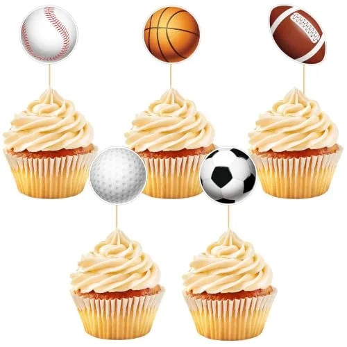 40 Pcs Sports Cupcake Toppers Football Soccer Basketball Baseball Golf Cupcake Picks for Boys Kids Sport Theme Birthday Baby Shower Party Decorations Supplies