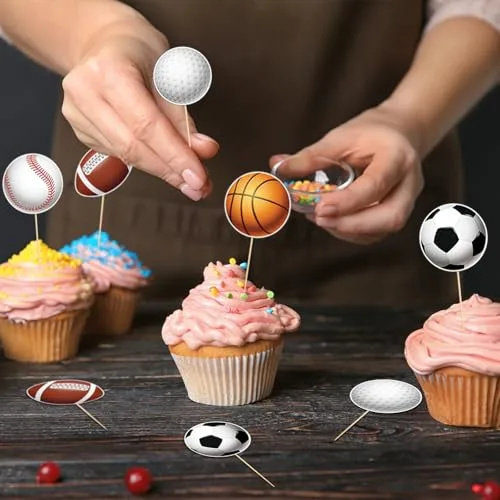 40 Pcs Sports Cupcake Toppers Football Soccer Basketball Baseball Golf Cupcake Picks for Boys Kids Sport Theme Birthday Baby Shower Party Decorations Supplies
