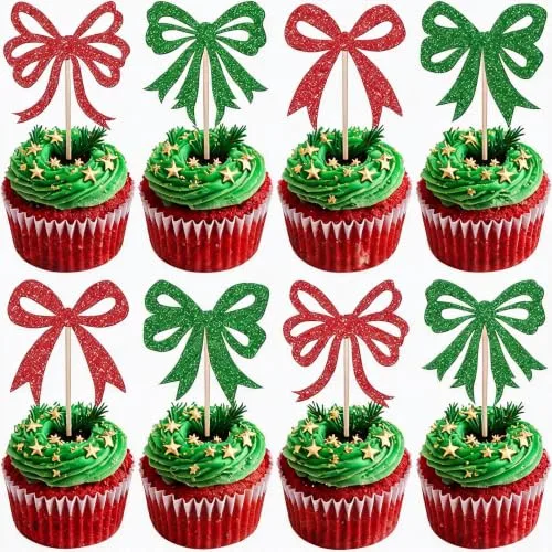 36 Pcs Bow Cupcake Toppers Glitter Bowknot Cupcake Picks