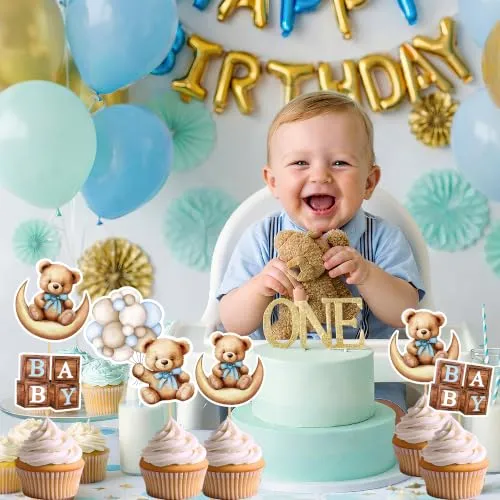 Blue Baby Shower Cupcake Toppers Boy, 36Pcs Bear Baby Boy Cupcake Toppers