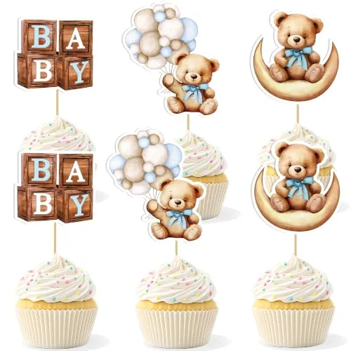 Blue Baby Shower Cupcake Toppers Boy, 36Pcs Bear Baby Boy Cupcake Toppers