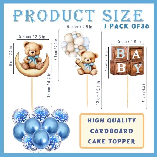 Blue Baby Shower Cupcake Toppers Boy, 36Pcs Bear Baby Boy Cupcake Toppers