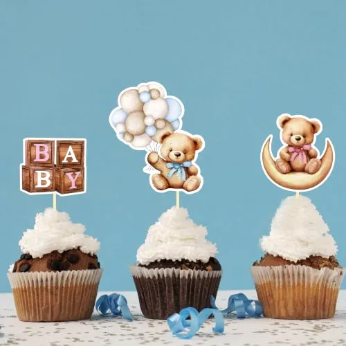 Gender Reveal Cupcake Toppers, 36Pcs Blue Pink Teddy Bear Cupcake Toppers