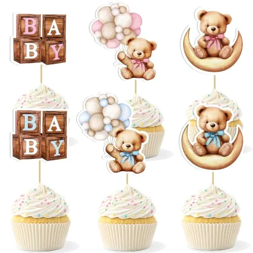Gender Reveal Cupcake Toppers, 36Pcs Blue Pink Teddy Bear Cupcake Toppers