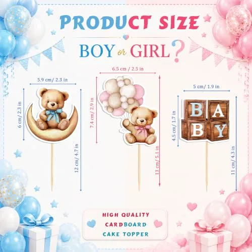 Gender Reveal Cupcake Toppers, 36Pcs Blue Pink Teddy Bear Cupcake Toppers