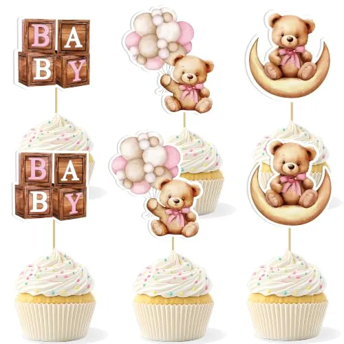 Pink Baby Shower Cupcake Toppers Girl, 36Pcs Bear Baby Girl Cupcake Toppers
