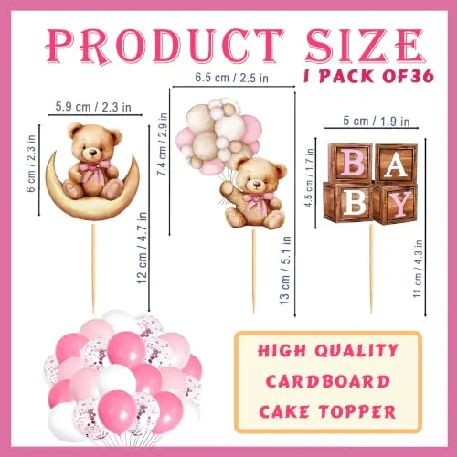 Pink Baby Shower Cupcake Toppers Girl, 36Pcs Bear Baby Girl Cupcake Toppers