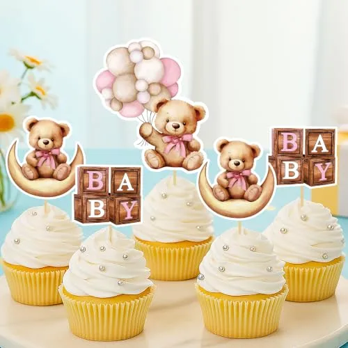 Pink Baby Shower Cupcake Toppers Girl, 36Pcs Bear Baby Girl Cupcake Toppers
