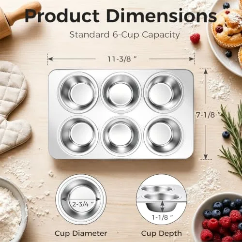 Onader 6-Cup Muffin Pan Tin, Stainless Steel Cupcake Pan Non-Toxic, 1 Piece