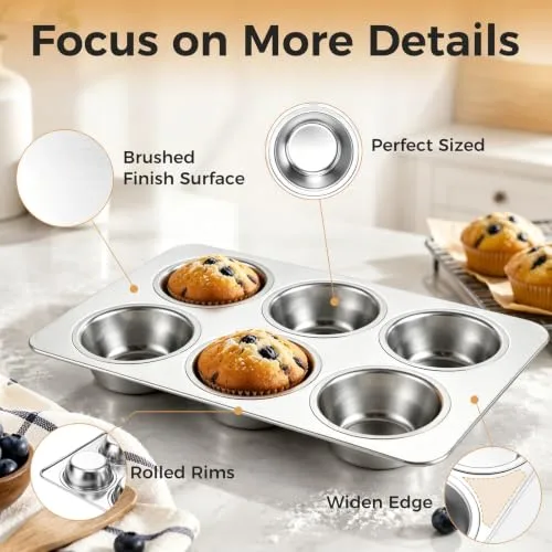 Onader 6-Cup Muffin Pan Tin, Stainless Steel Cupcake Pan Non-Toxic, 1 Piece