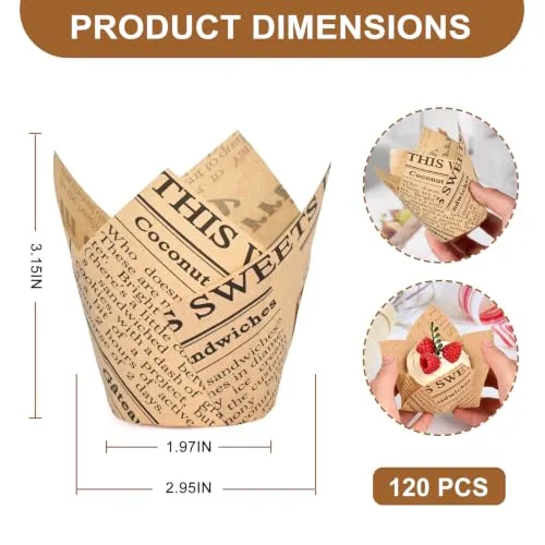 120PCS Tulip Cupcake Liners for Baking Cups Newspaper Print Muffin Liners