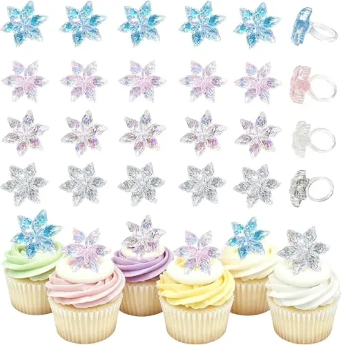 24 Pcs Glitter Snowflake Cupcake Topper Rings