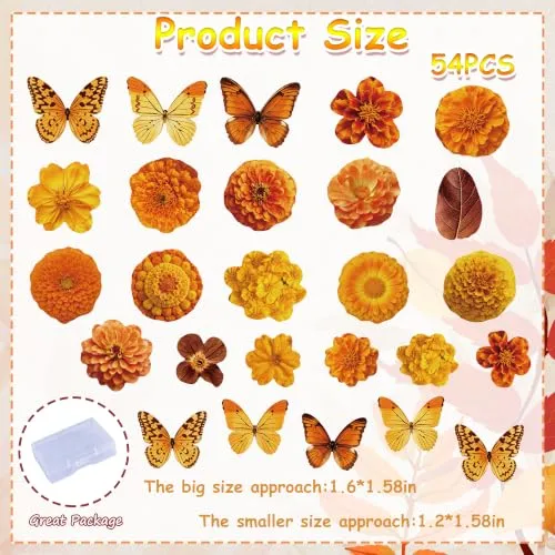 54PCS Edible Fall Marigold Cupcake Toppers Wafer Paper Fiesta Flower Cake Decorations Edible Mexican Dia De Los Muertos Cupcake Picks for Autumn Party Decor Supplies