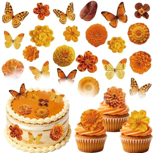 54PCS Edible Fall Marigold Cupcake Toppers Wafer Paper Fiesta Flower Cake Decorations Edible Mexican Dia De Los Muertos Cupcake Picks for Autumn Party Decor Supplies