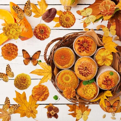 54PCS Edible Fall Marigold Cupcake Toppers Wafer Paper Fiesta Flower Cake Decorations Edible Mexican Dia De Los Muertos Cupcake Picks for Autumn Party Decor Supplies