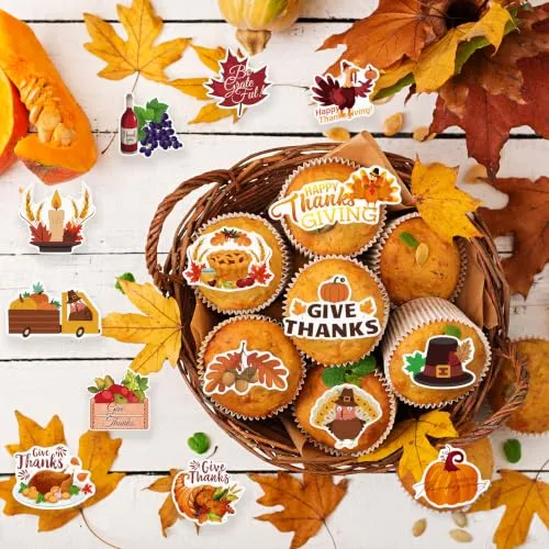 56PCS Edible Happy Thanksgiving Day Cupcake Toppers Wafer Paper Thanksgiving Cake Decorations Edible Turkey Cupcake Picks for Autumn Thanksgiving Party Birthday Decor Supplies